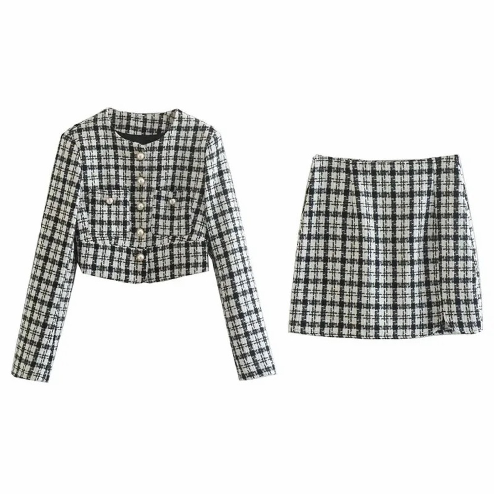 Black & Cream Plaid Pearl-Button skirt suit